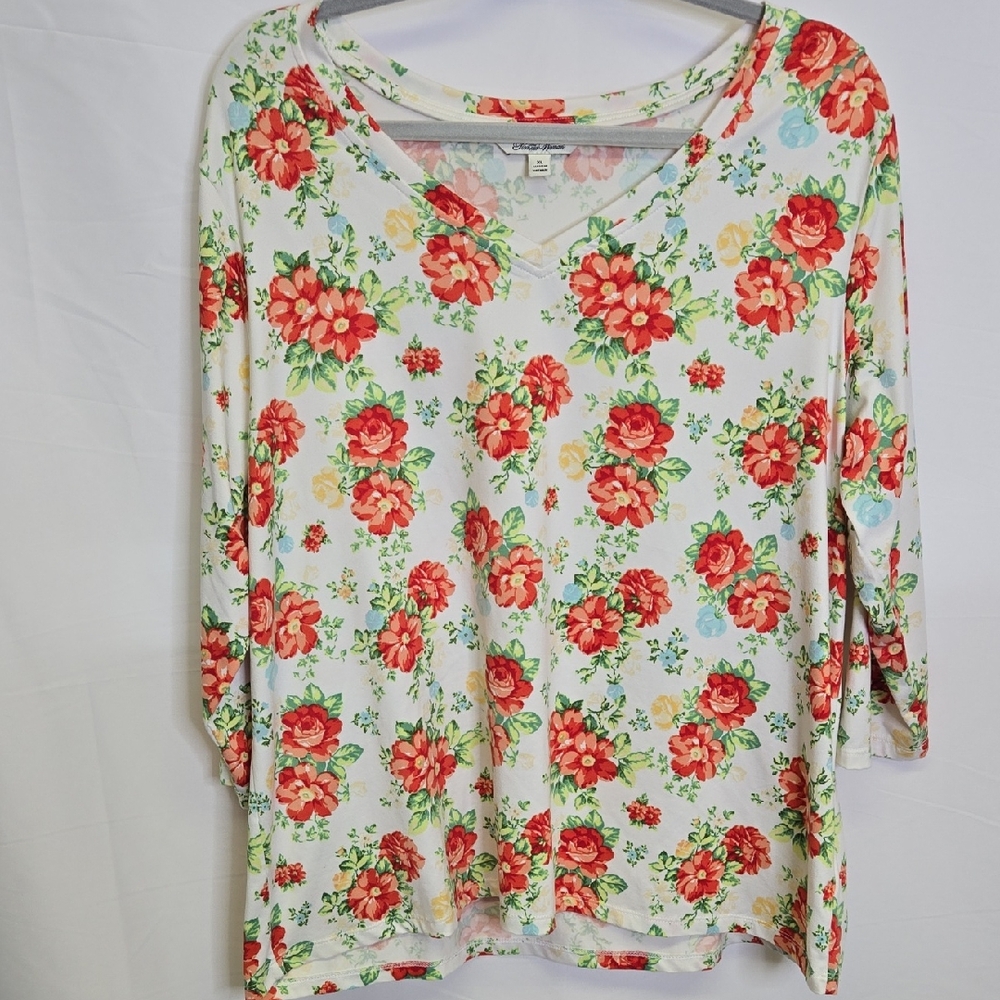 Pioneer Woman Long Sleeve Floral Shirt, White Floral,‎ Women's Size XL
